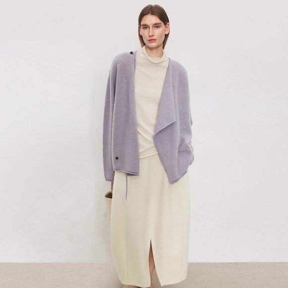 CHICJOC Asymmetric Draped Neck Wool–Cashmere Cardigan Soft Mist Purple size 36 - Picture 6 of 7